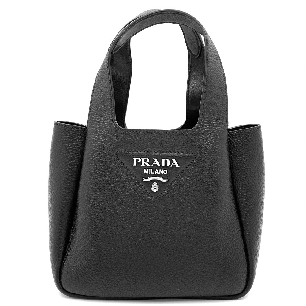 Prada Handbag Triangle Logo Shoulder Bag Leather Black Silver Hardware